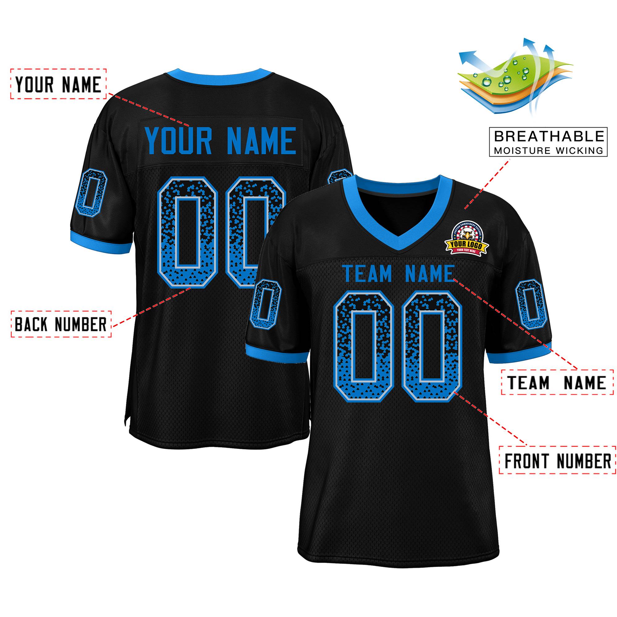Custom Black Powder Blue-White Drift Fashion Mesh Authentic American Football Jersey| KXKSHOP