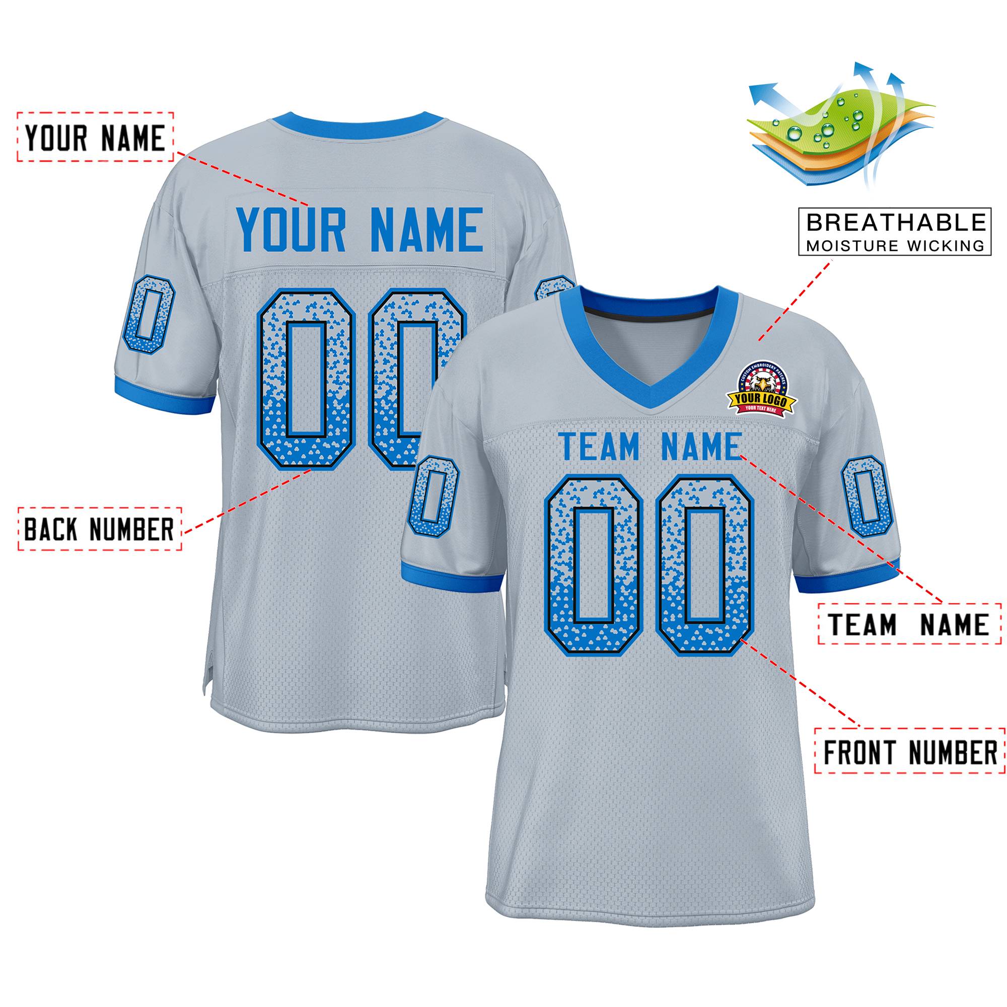 Custom Silver Powder Blue-Black Drift Fashion Mesh Authentic American Football Jersey| KXKSHOP