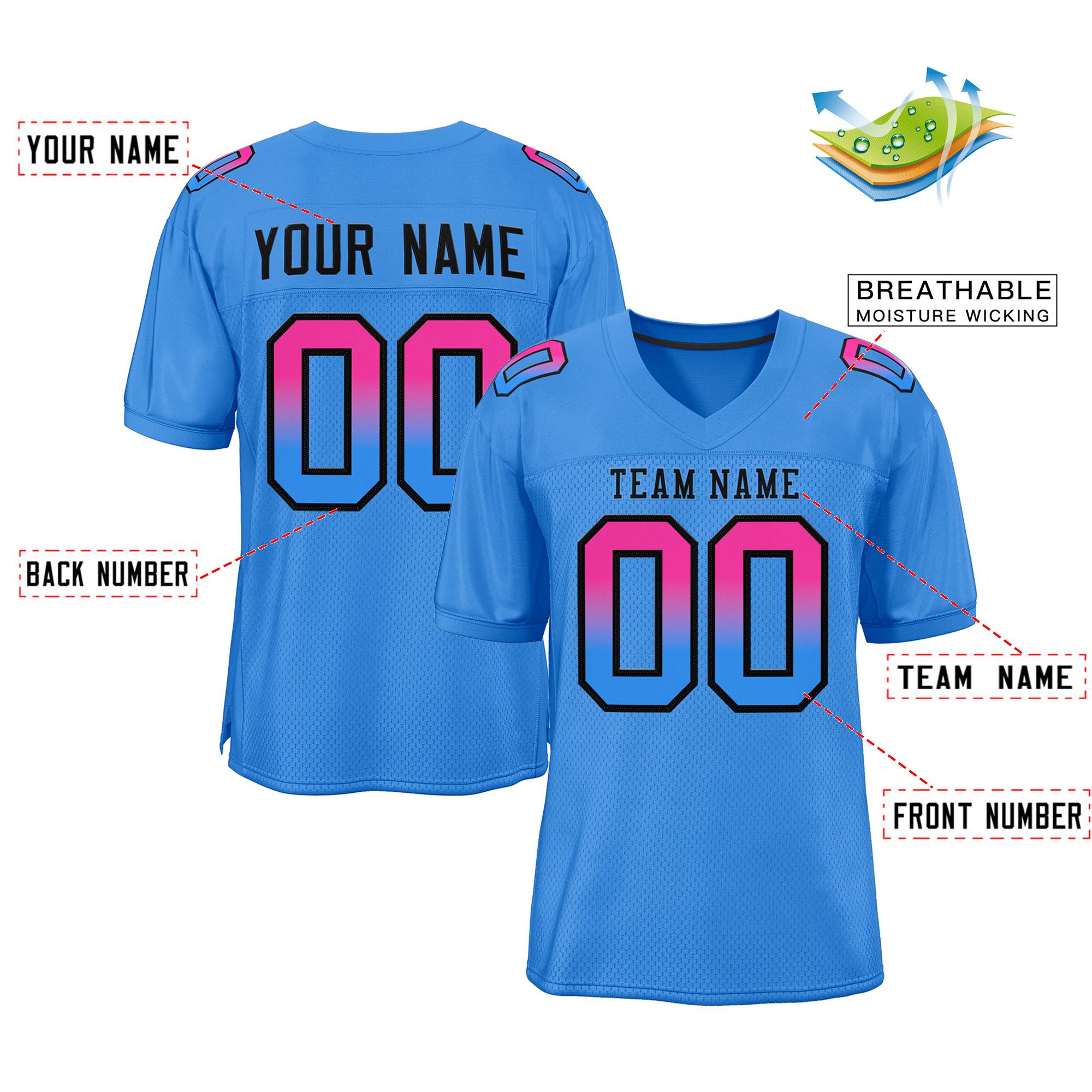 Custom Powder Blue Black Powder Blue Gradient Fashion Outdoor Authentic American Football Jersey| KXKSHOP