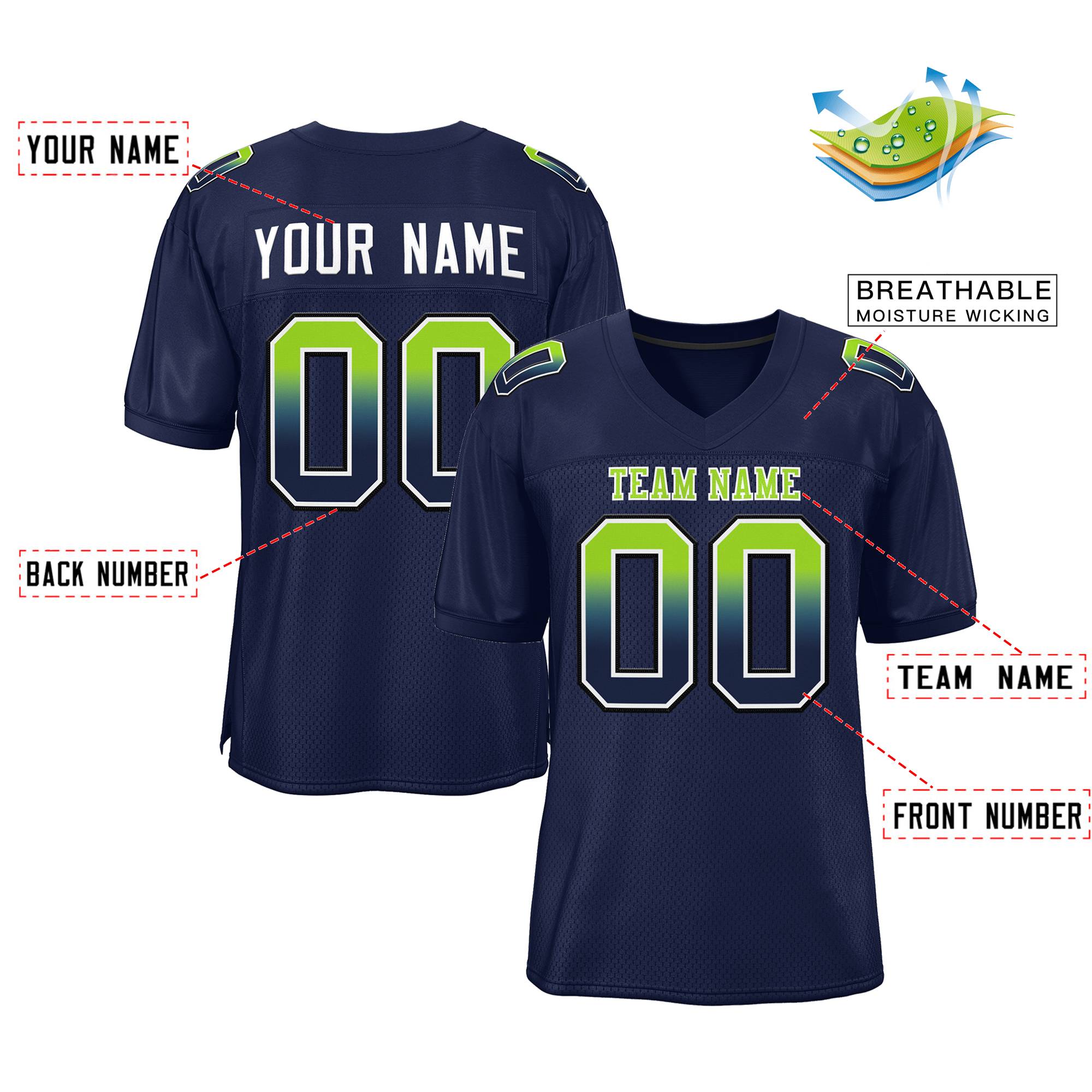 Custom Navy Neon Green-White Gradient Fashion Outdoor Authentic American Football Jersey| KXKSHOP