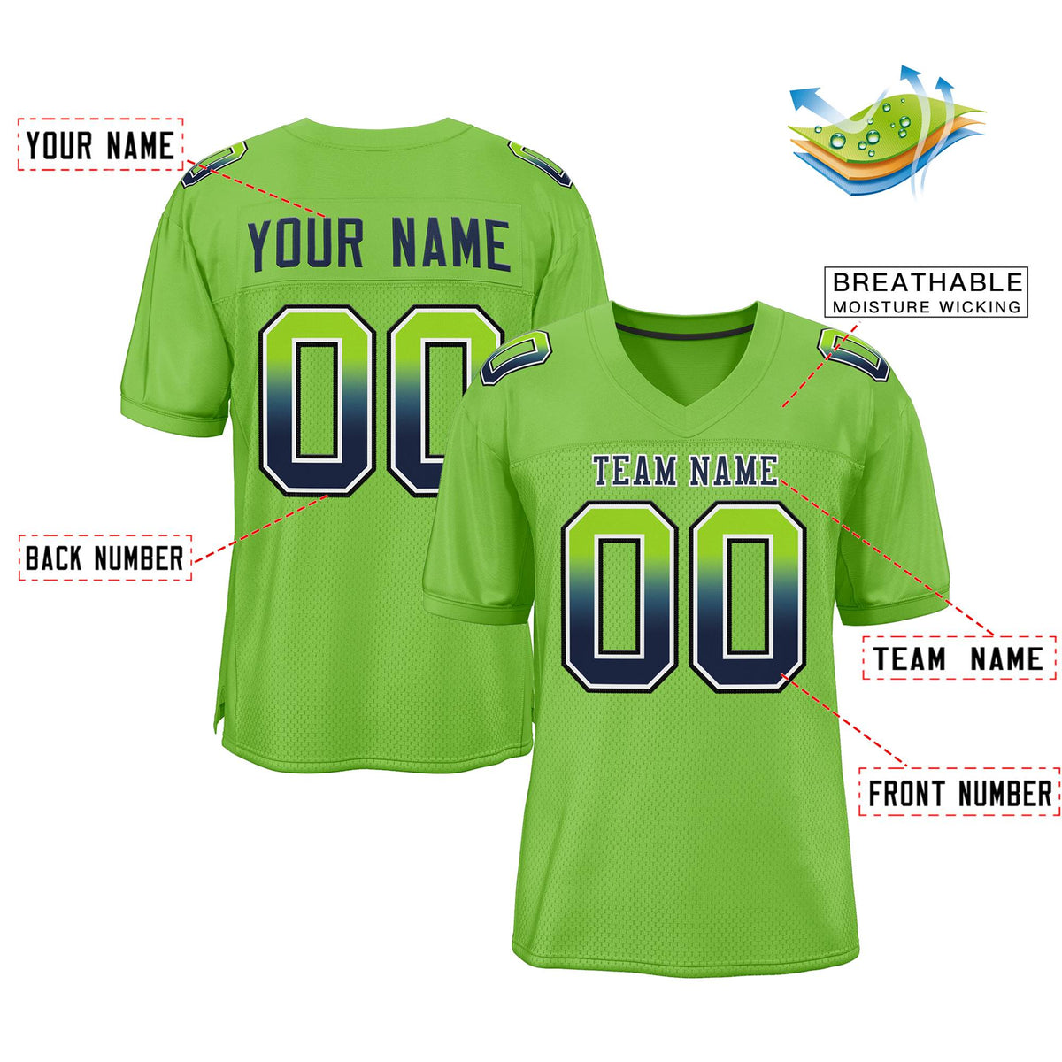 Custom Neon Green Navy-White Gradient Fashion Outdoor Authentic American Football Jersey| KXKSHOP