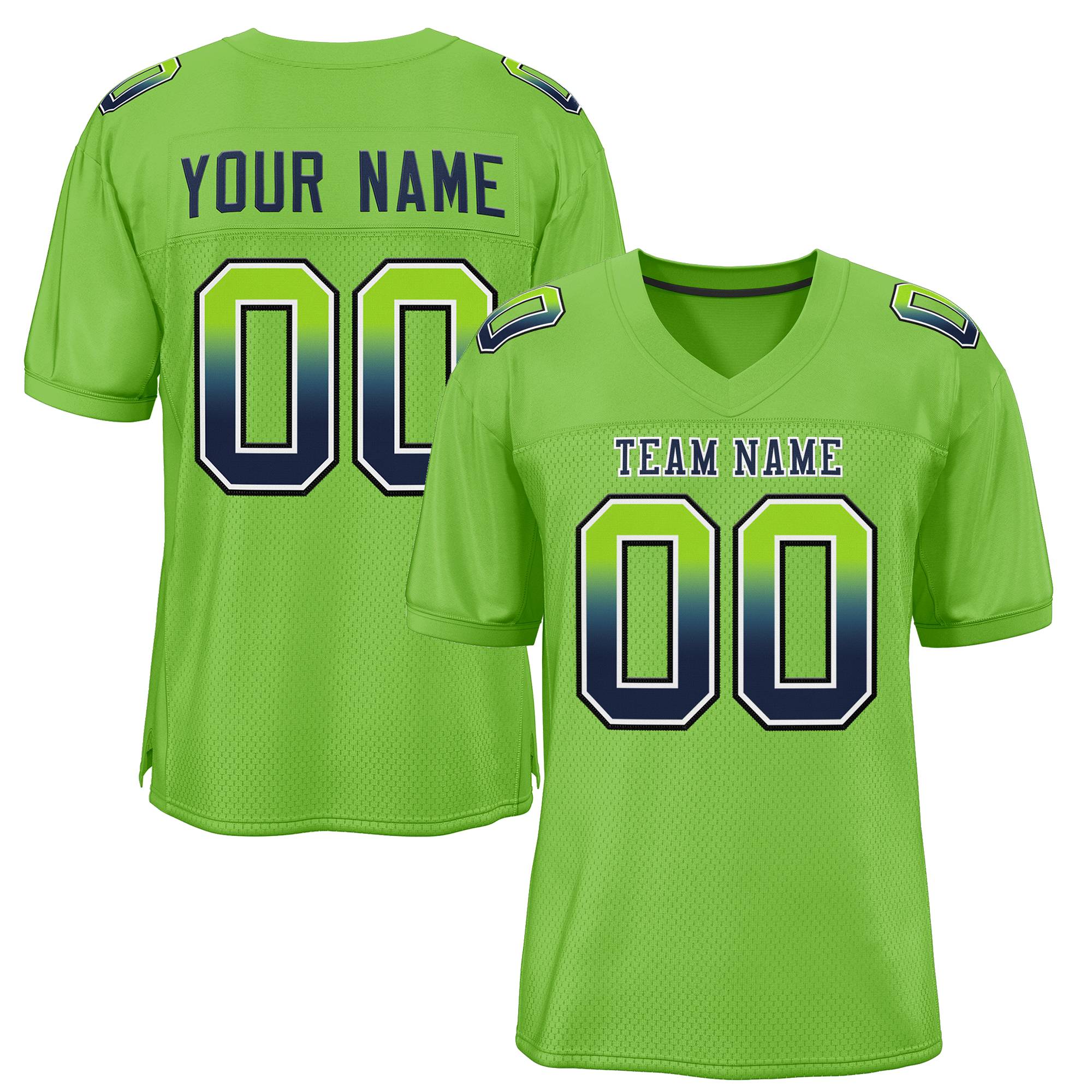 Custom Neon Green Navy-White Gradient Fashion Outdoor Authentic American Football Jersey| KXKSHOP