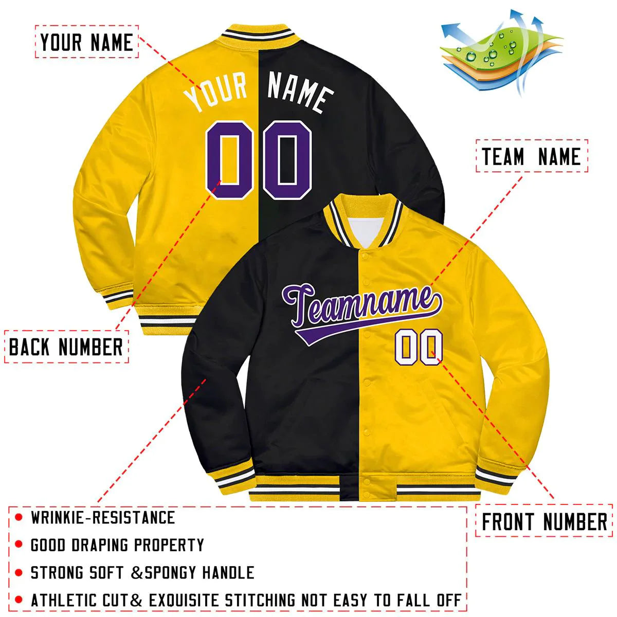 Custom Gold Black-Purple Letterman Two Tone Split Fashion Bomber Varsity Jacket