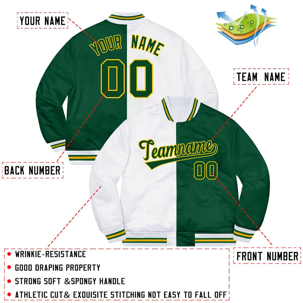 Custom Green White-Gold Blue Two Tone Letterman Split Fashion Baseball Jacket