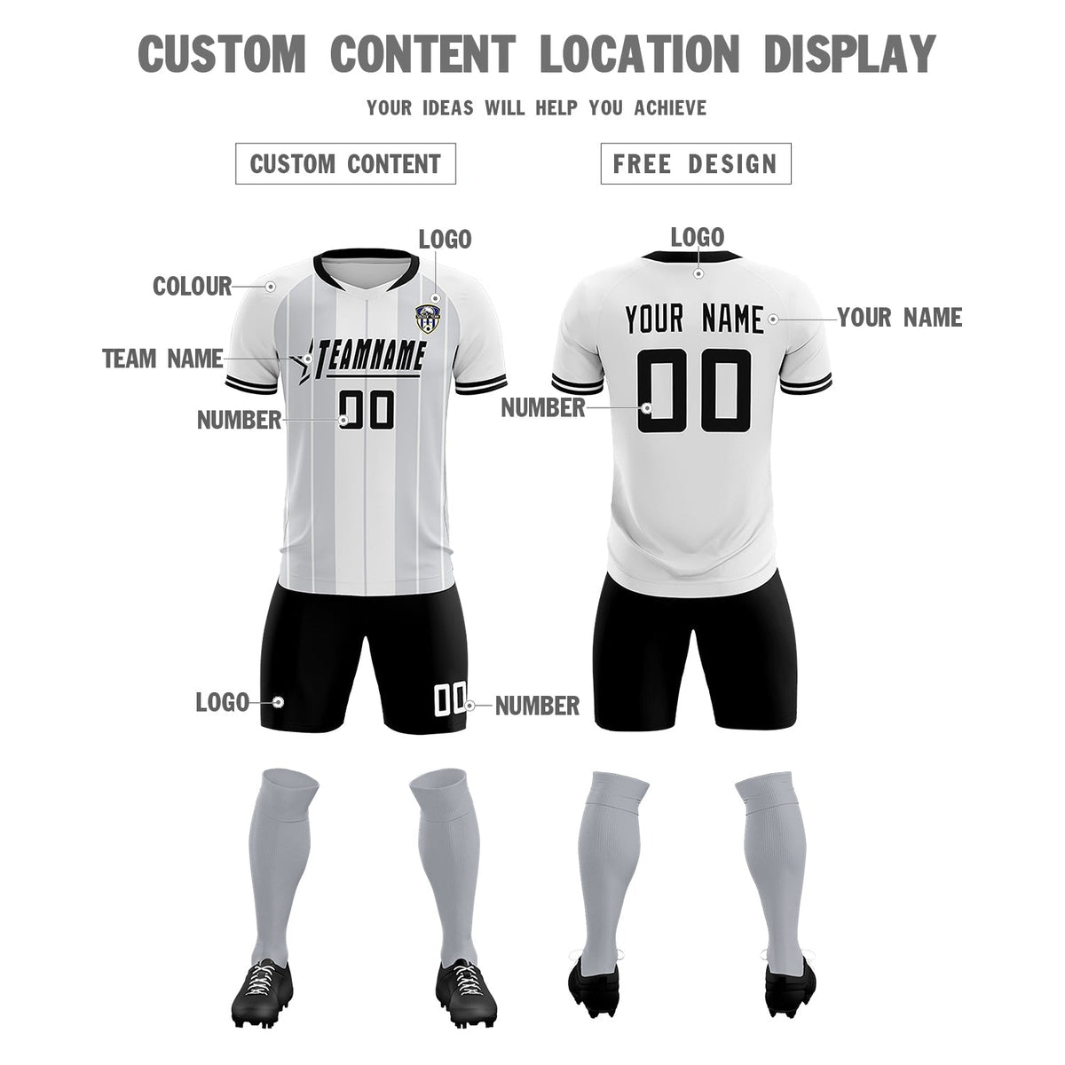 Custom White Classic Striped Personalized Football Kit Jersey