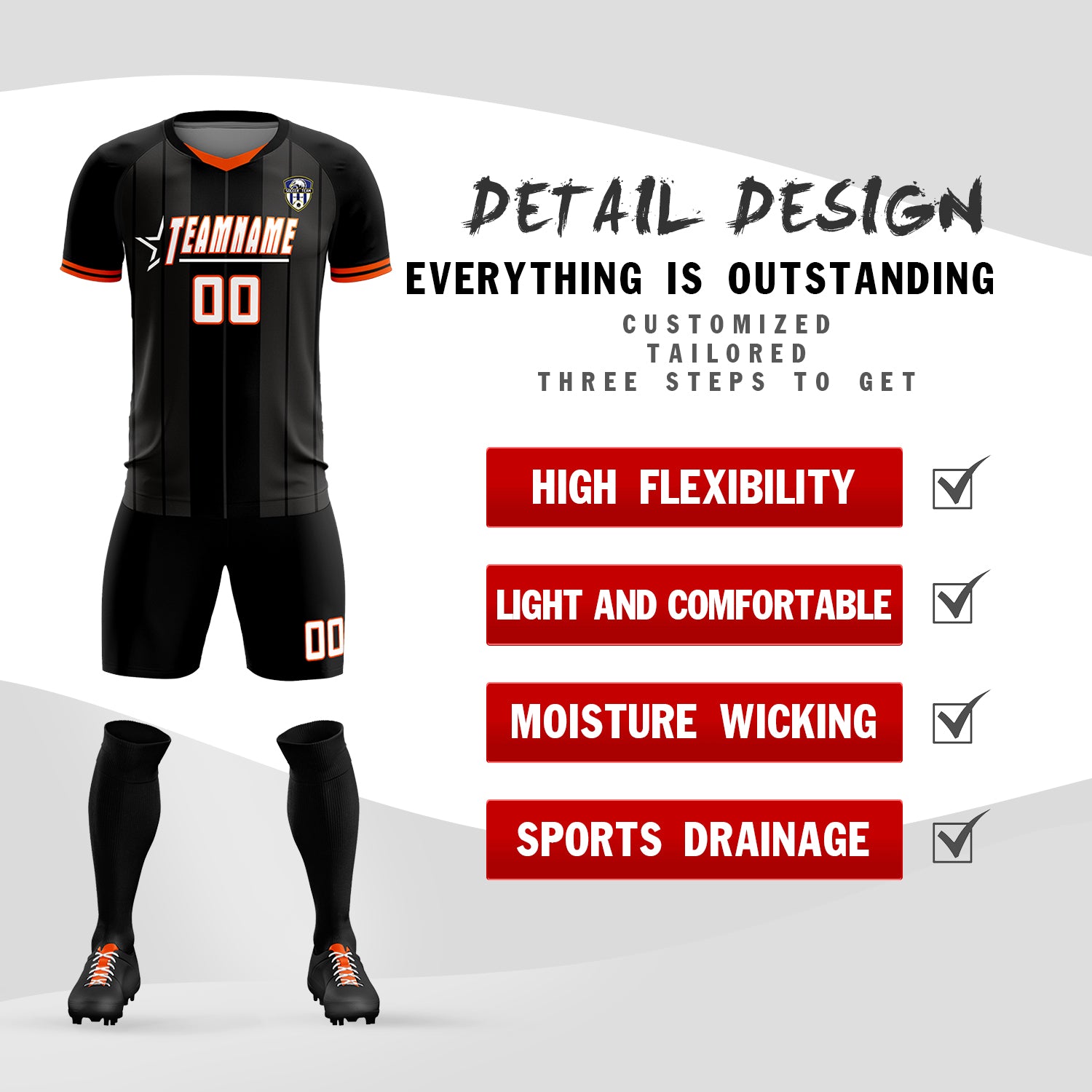 Custom Black Classic Striped Personalized Football Kit Jersey