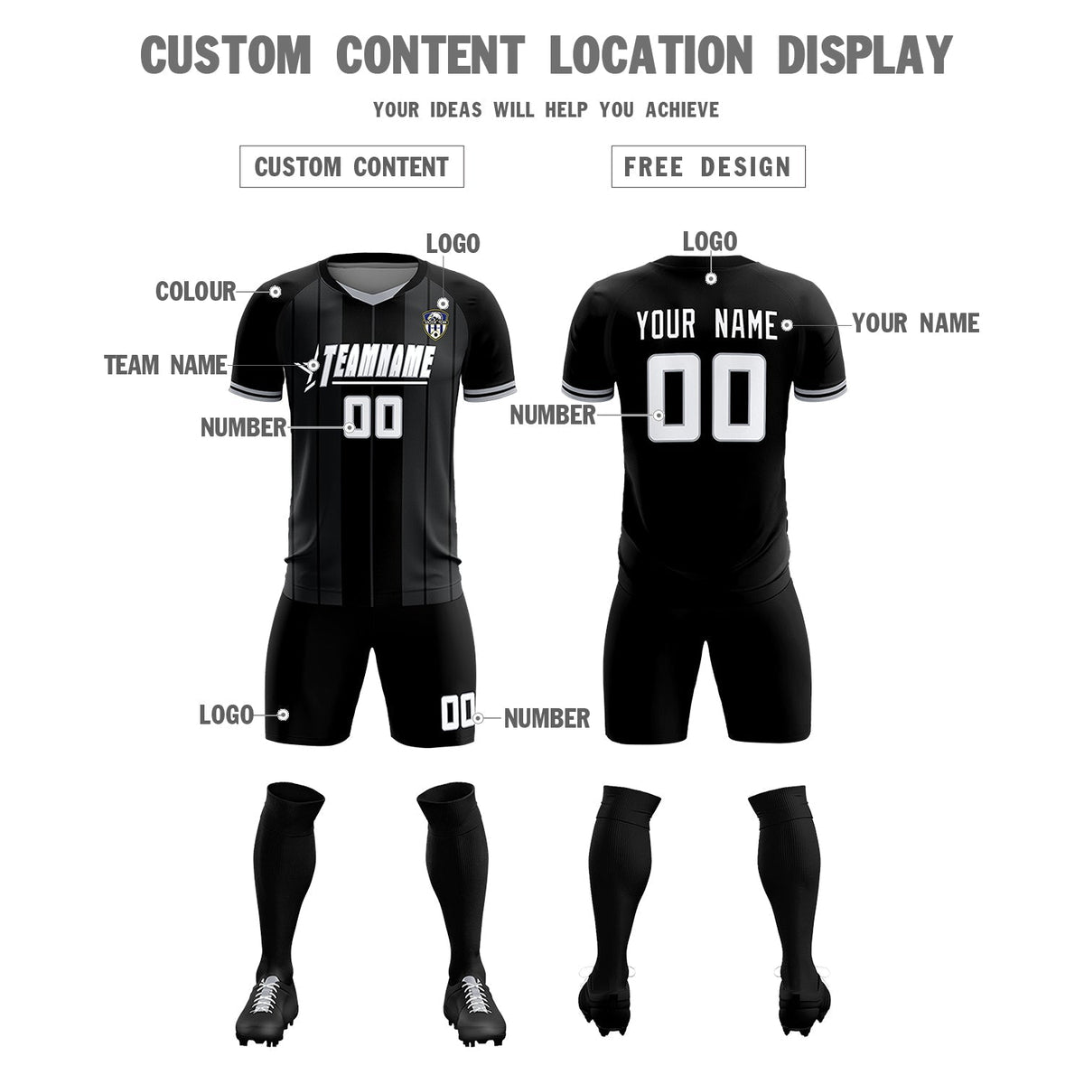 Custom Black Classic Striped Personalized Football Kit Jersey