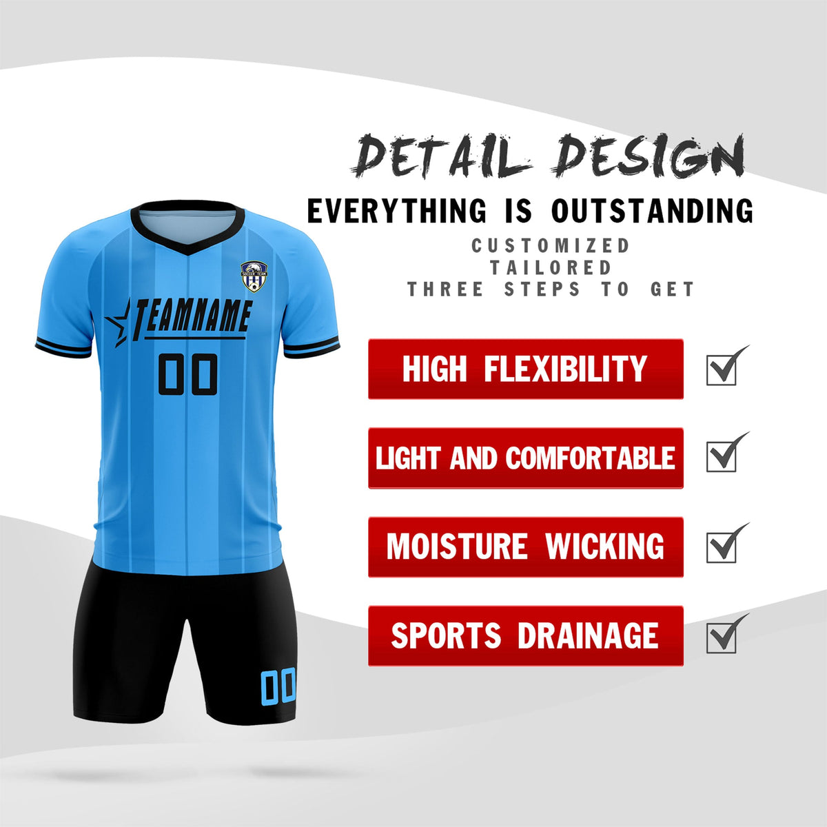 Custom Powder Blue Classic Striped Personalized Football Kit Jersey