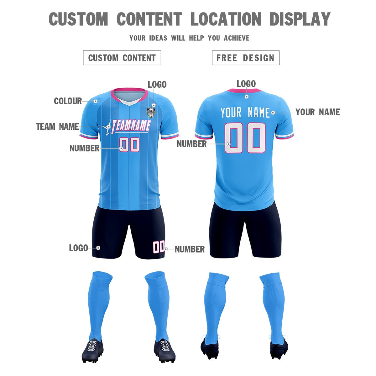 Custom Powder Blue Classic Striped Personalized Football Kit Jersey