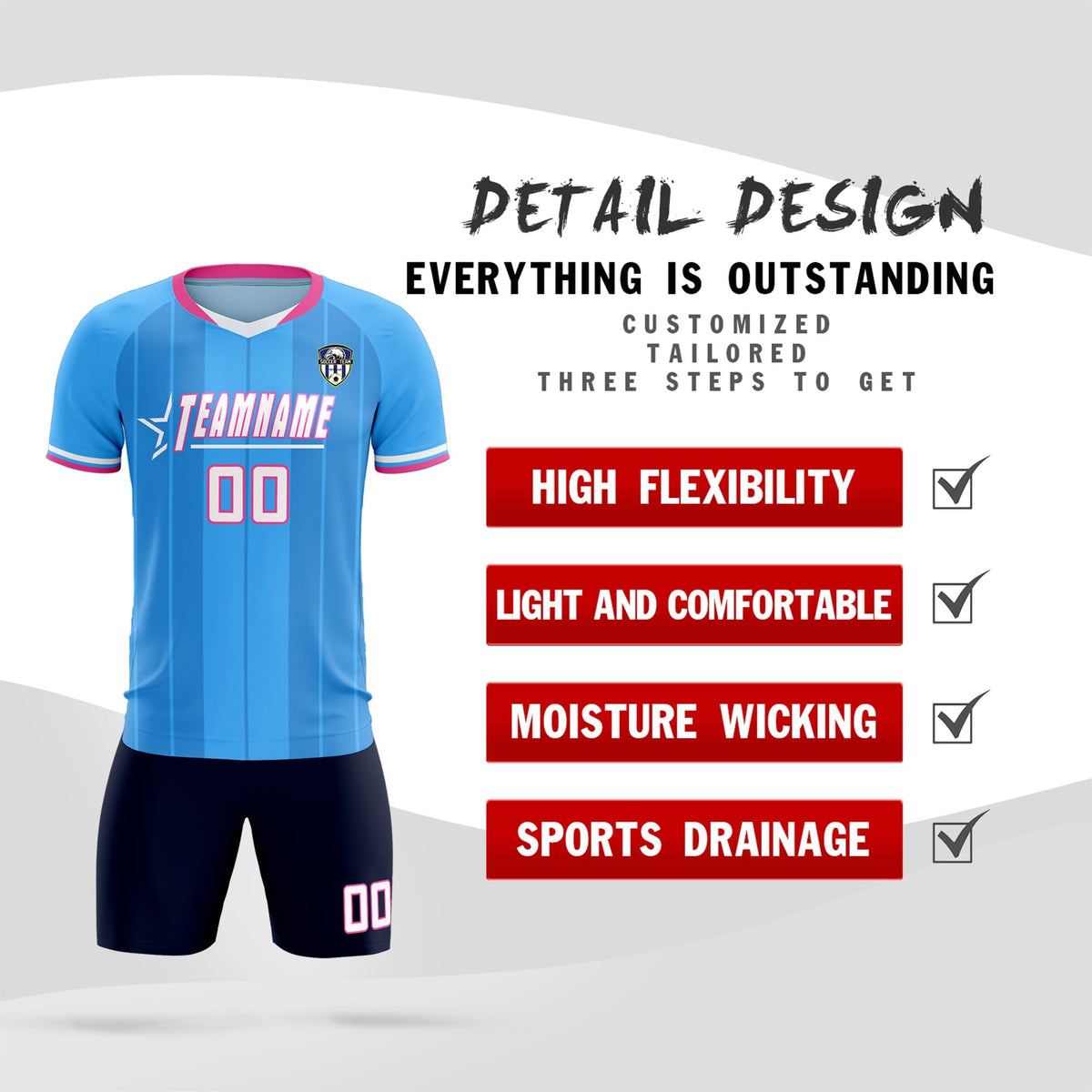 Custom Powder Blue Classic Striped Personalized Football Kit Jersey