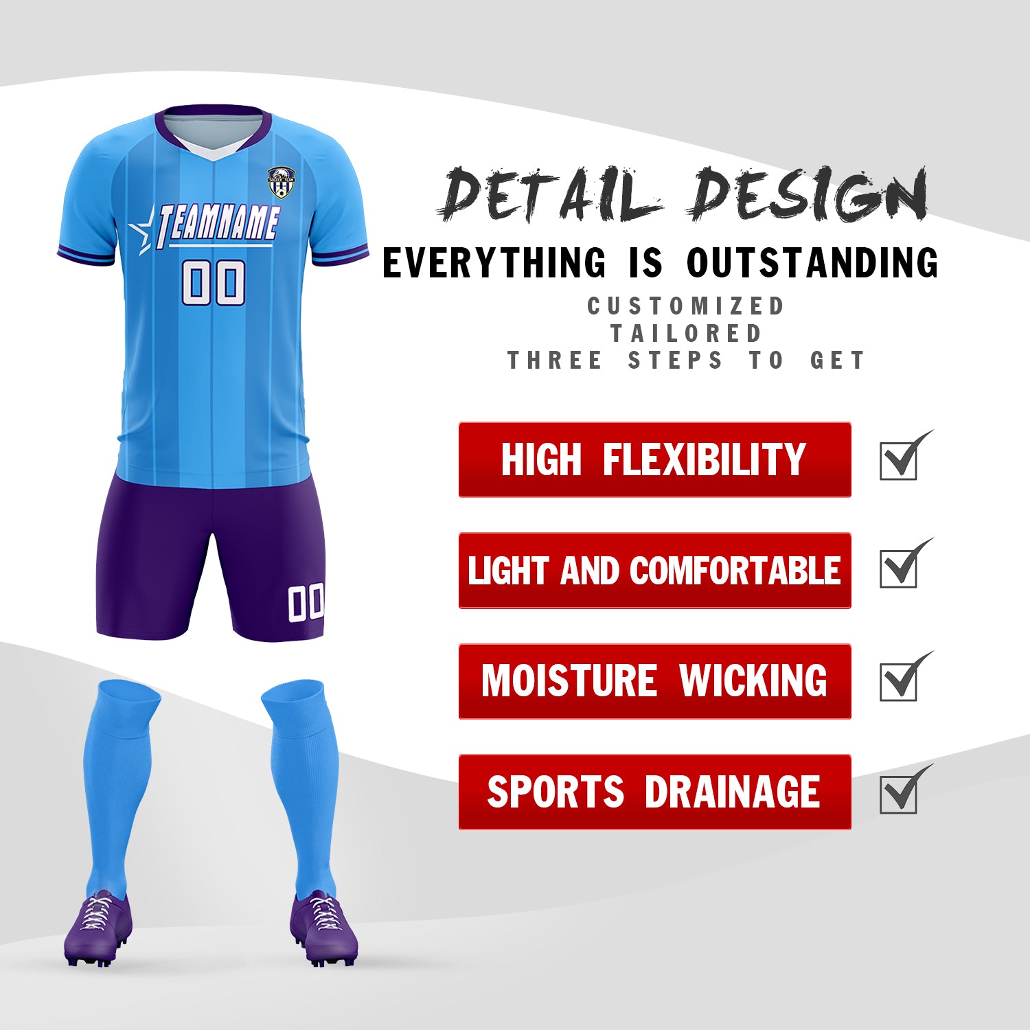 Custom Powder Blue Classic Striped Personalized Football Kit Jersey