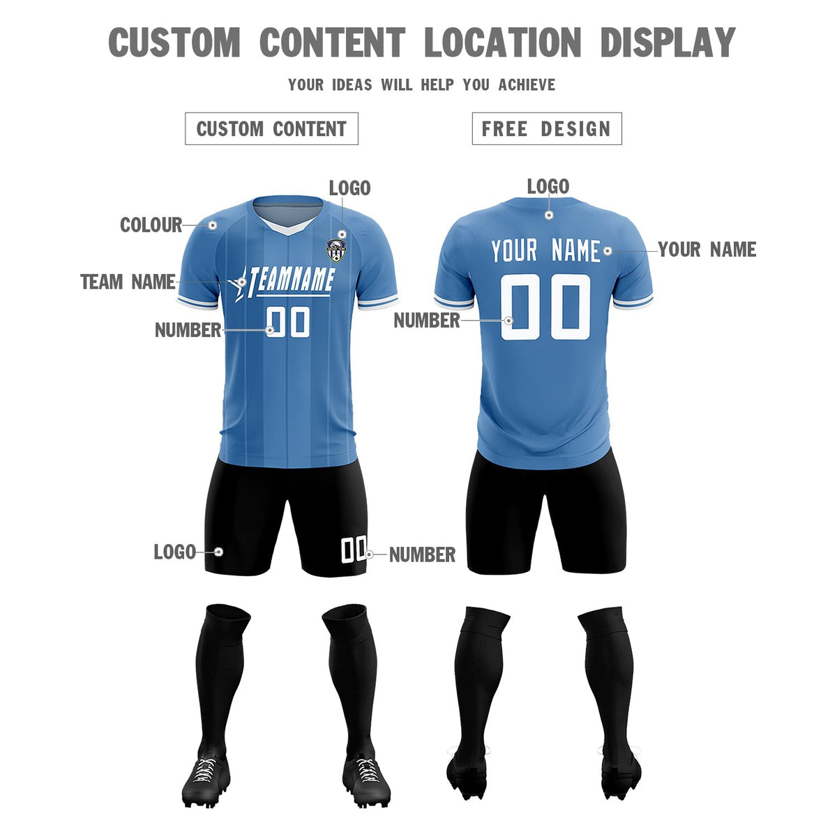 Custom Light Blue Classic Striped Personalized Football Kit Jersey
