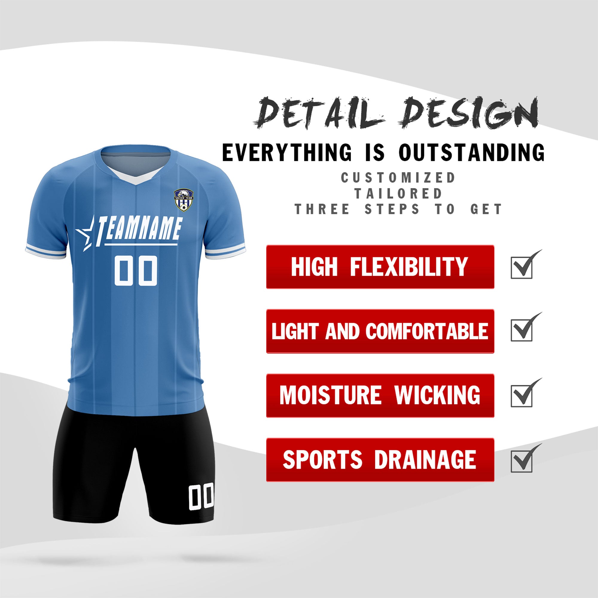 Custom Light Blue Classic Striped Personalized Football Kit Jersey