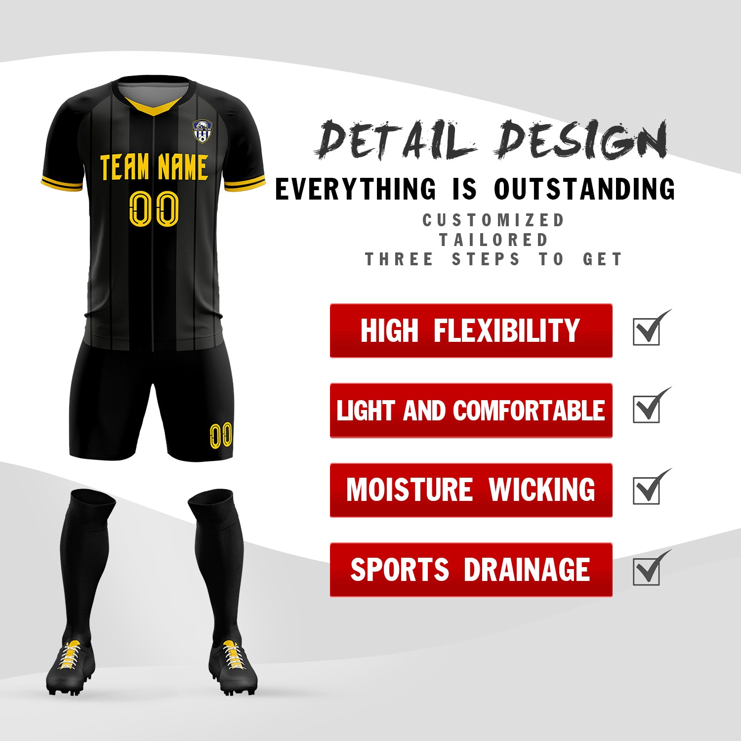 Custom Black Classic Striped Personalized Football Kit Jersey