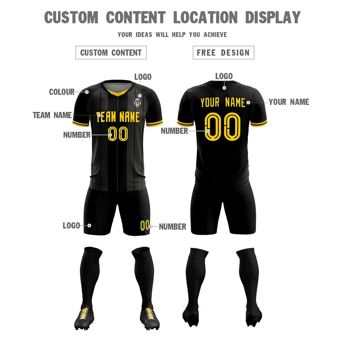 Custom Black Classic Striped Personalized Football Kit Jersey