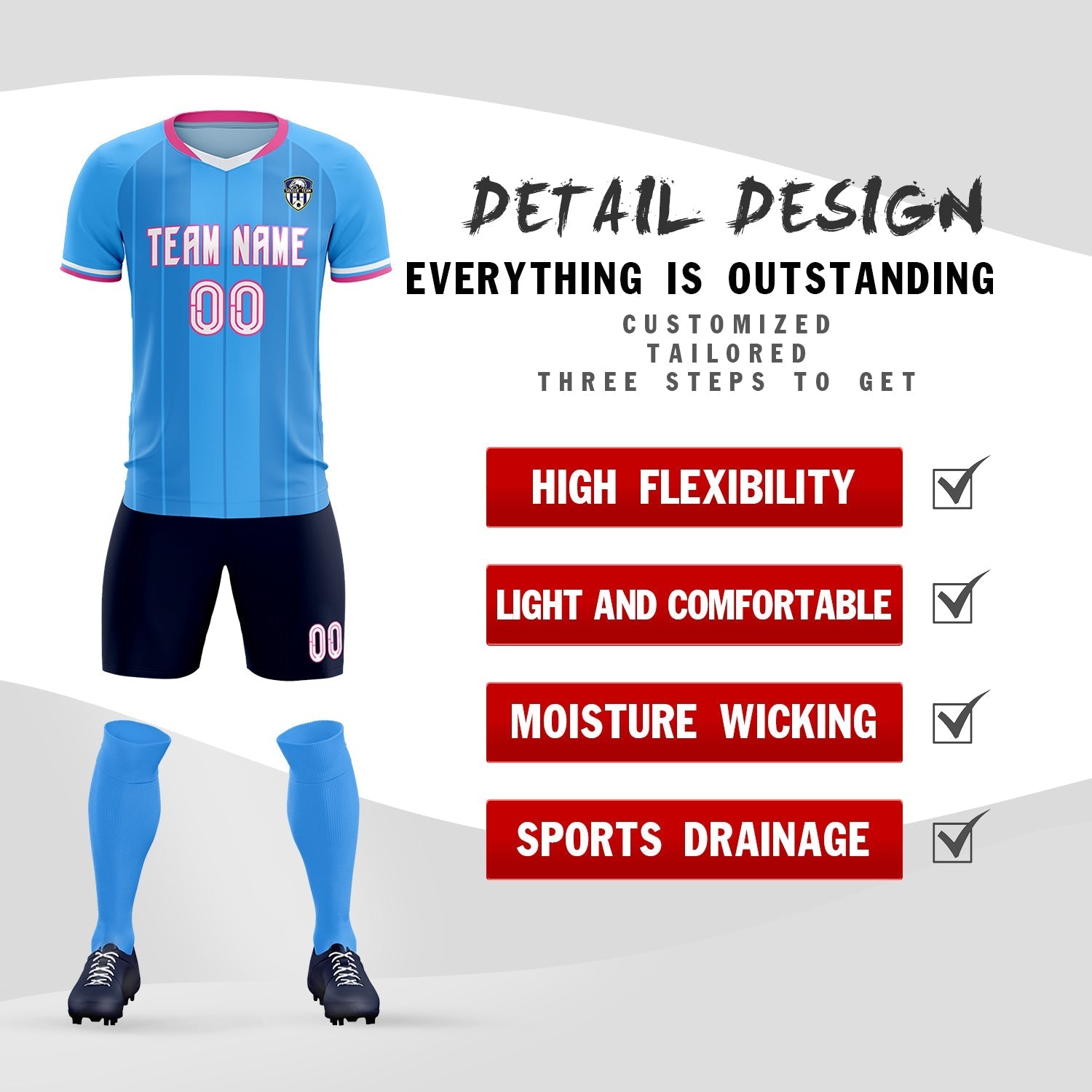 Custom Powder Blue Classic Striped Personalized Football Kit Jersey