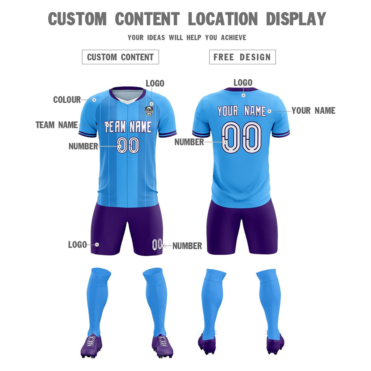 Custom Powder Blue Classic Striped Personalized Football Kit Jersey