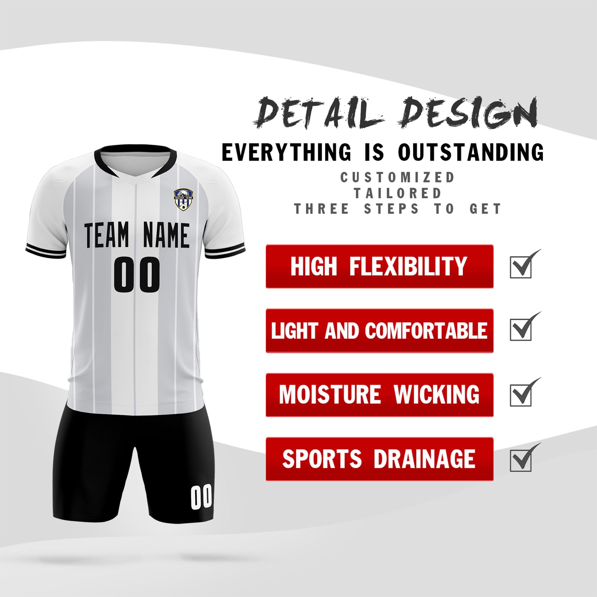 Custom White Classic Striped Personalized Football Kit Jersey