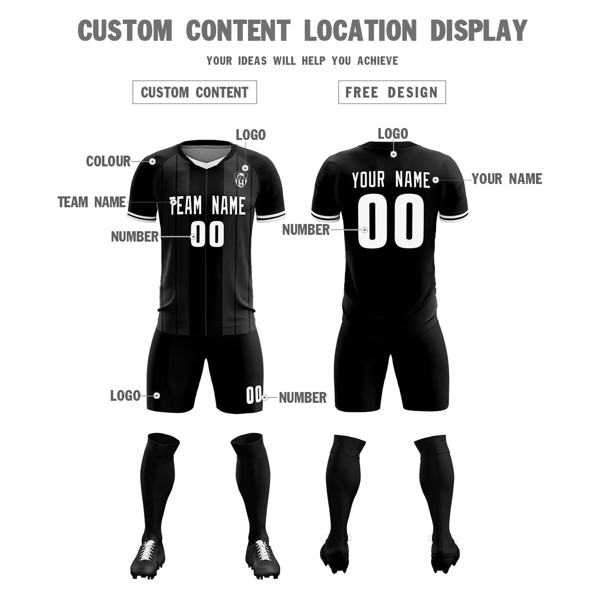 Custom Black Classic Striped Personalized Football Kit Jersey