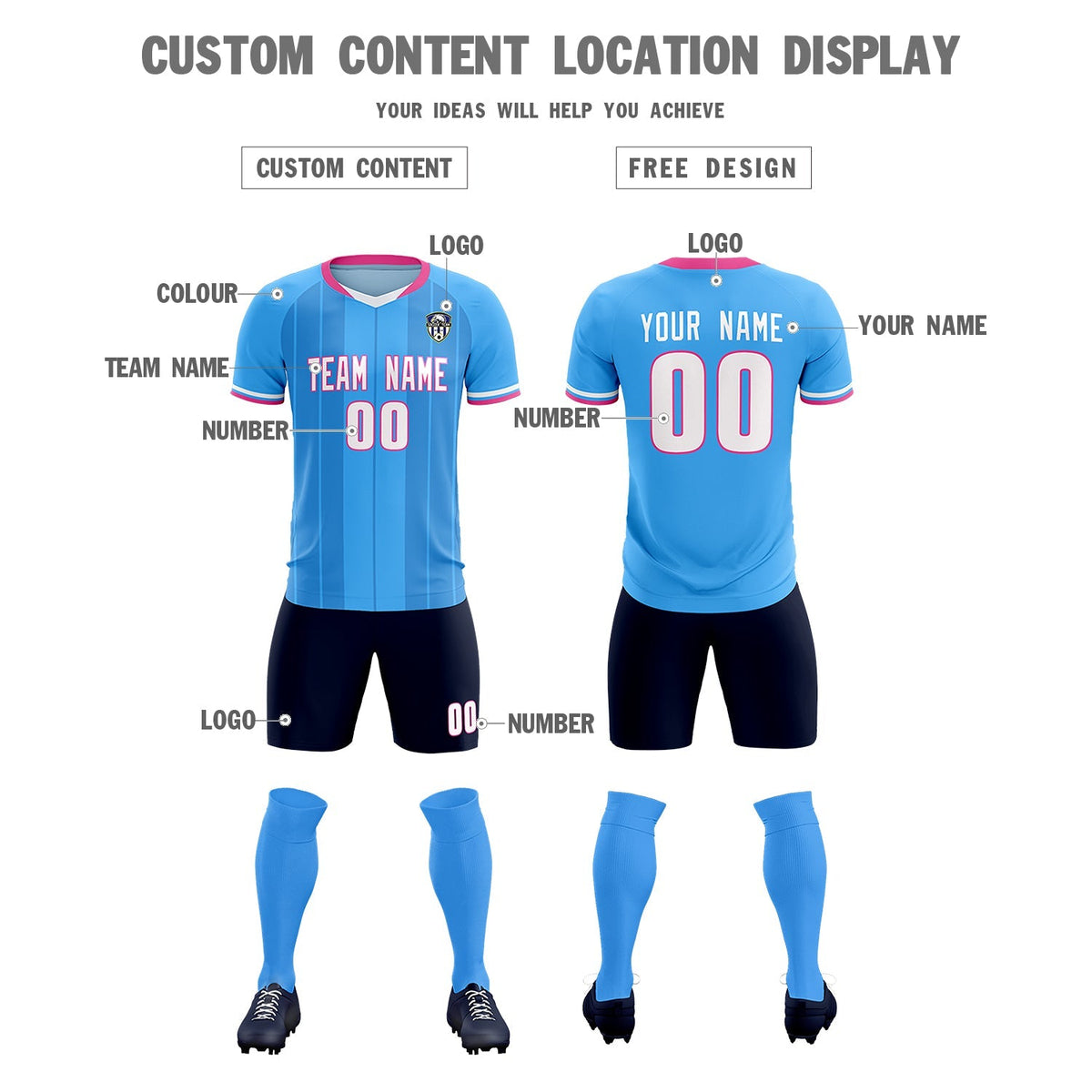 Custom Powder Blue Classic Striped Personalized Football Kit Jersey