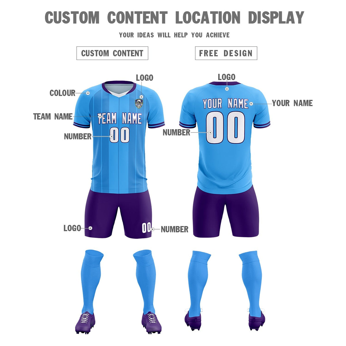 Custom Powder Blue Classic Striped Personalized Football Kit Jersey