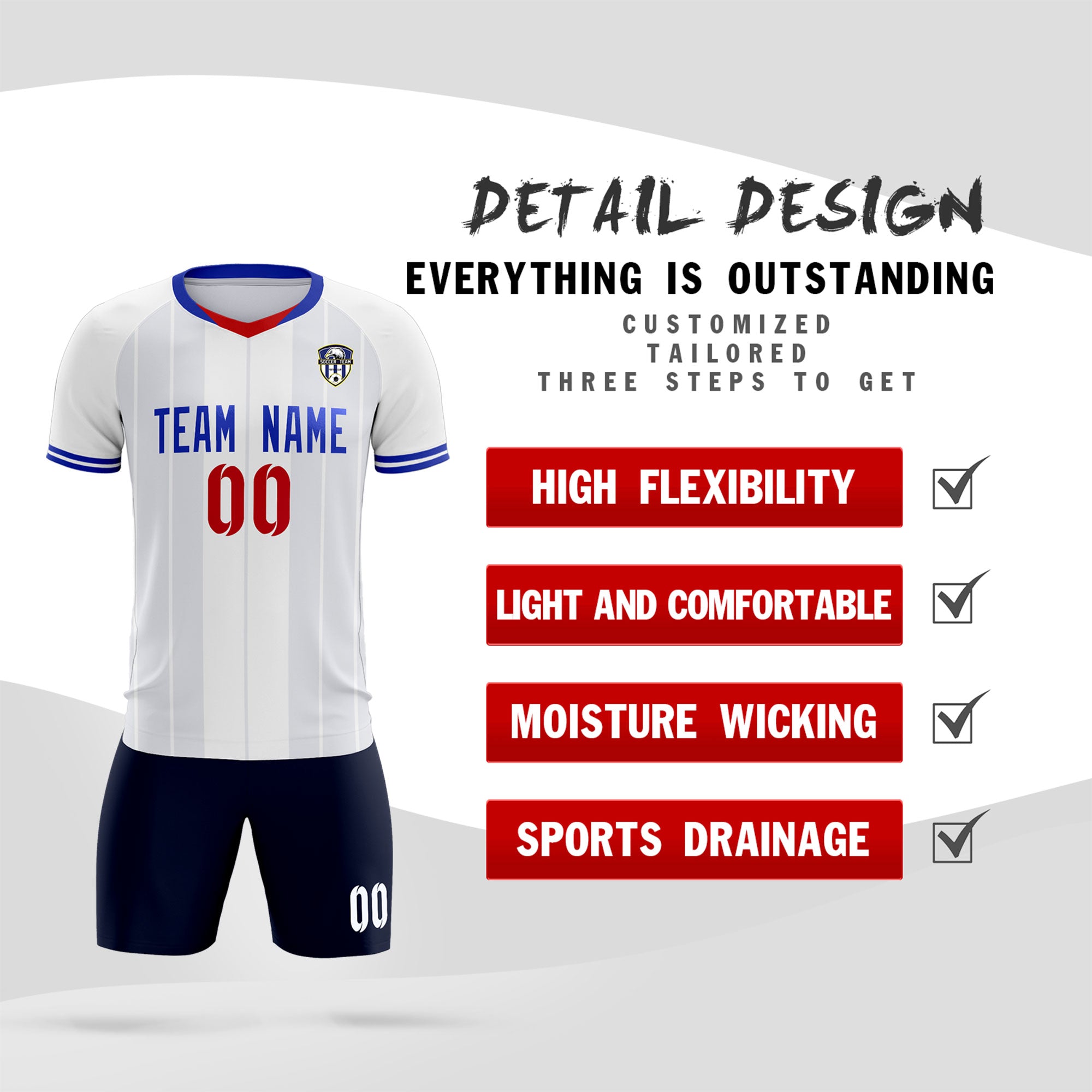 Custom White Classic Striped Personalized Football Kit Jersey