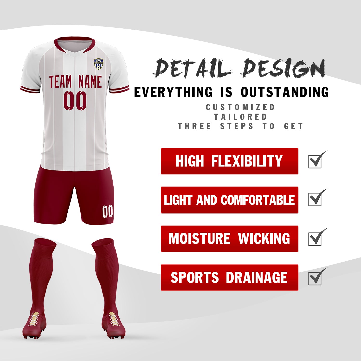 Custom White Classic Striped Personalized Football Kit Jersey