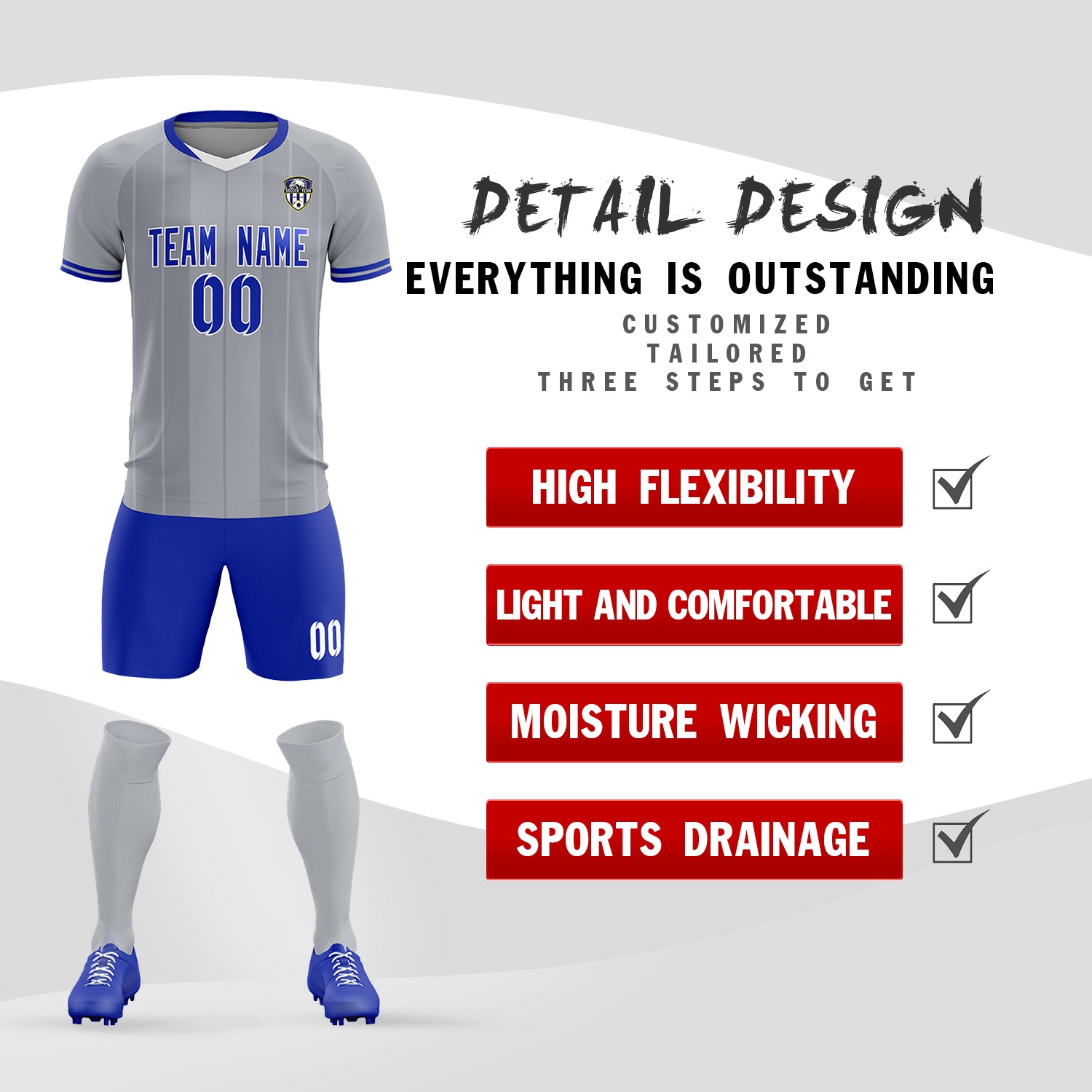 Custom Gray Classic Striped Personalized Football Kit Jersey