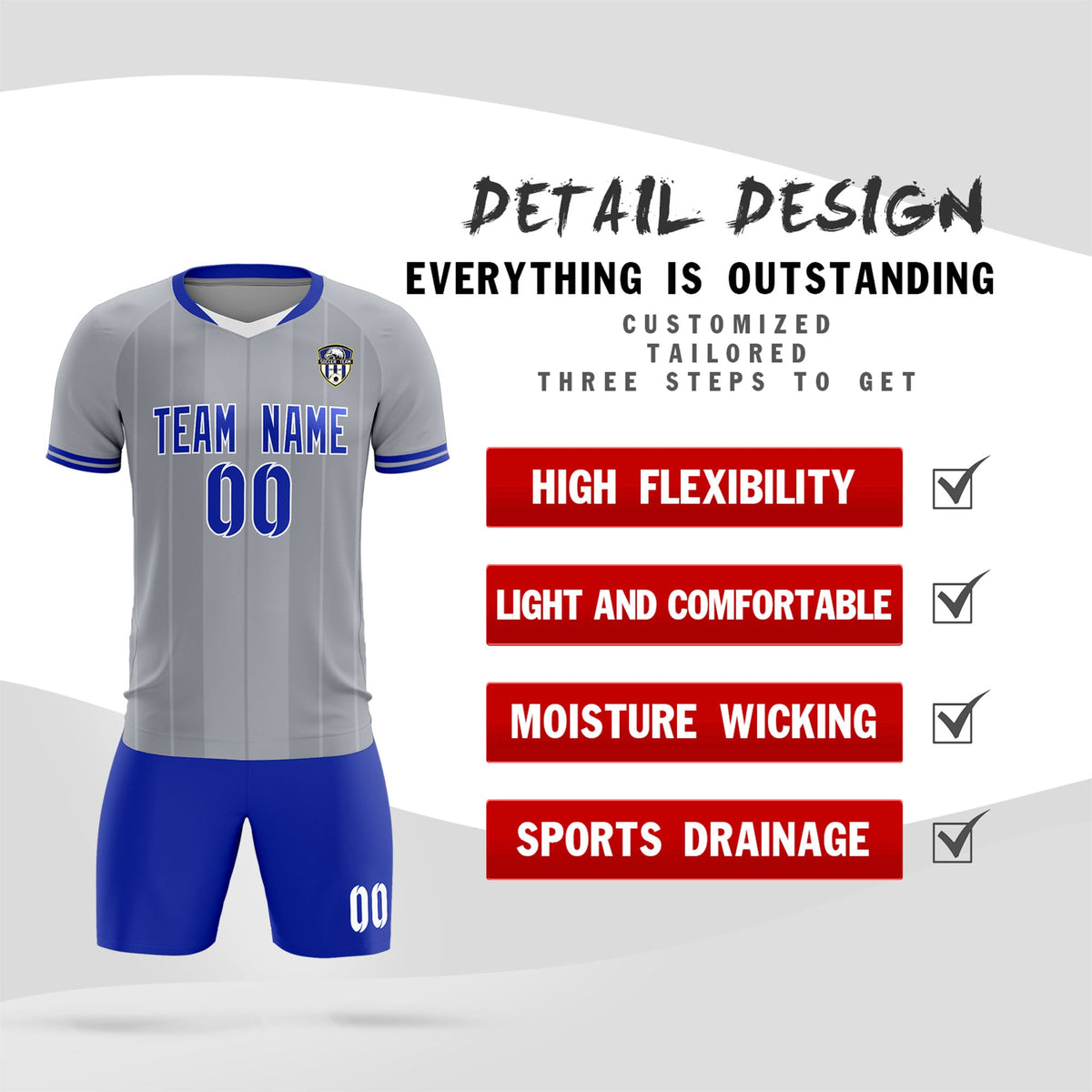 Custom Gray Classic Striped Personalized Football Kit Jersey