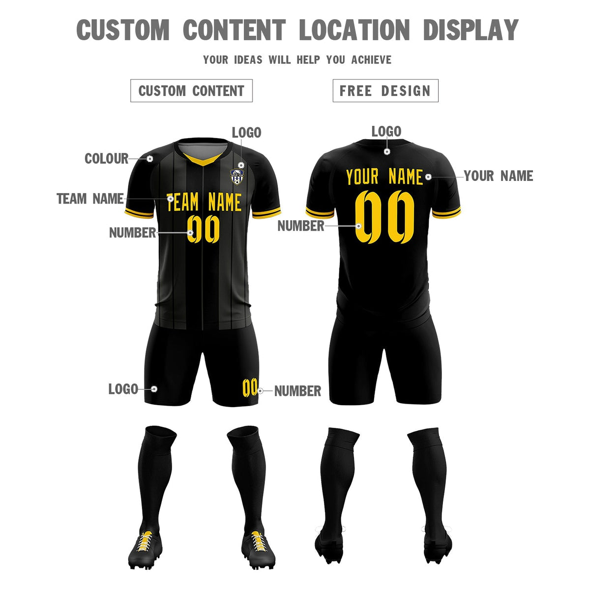 Custom Black Classic Striped Personalized Football Kit Jersey