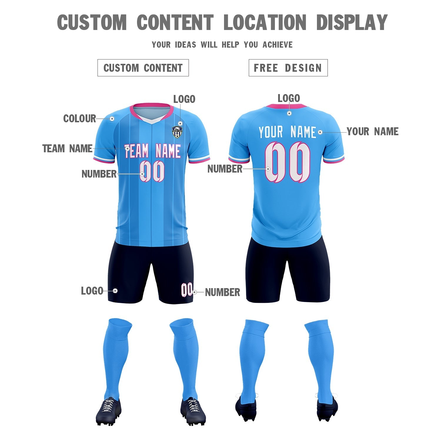 Custom Powder Blue Classic Striped Personalized Football Kit Jersey