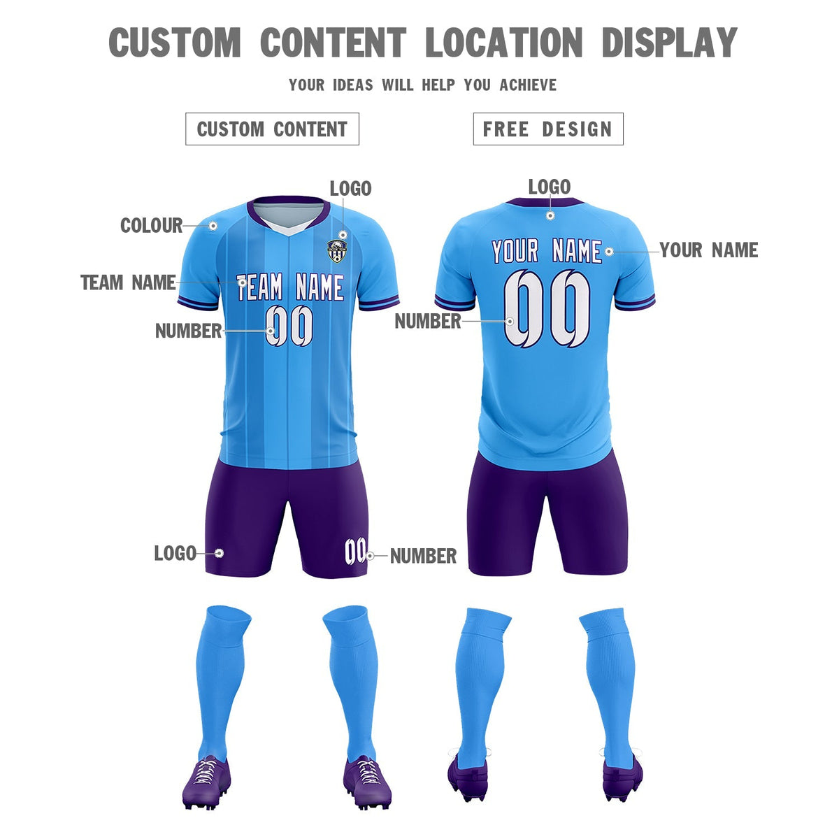 Custom Powder Blue Classic Striped Personalized Football Kit Jersey