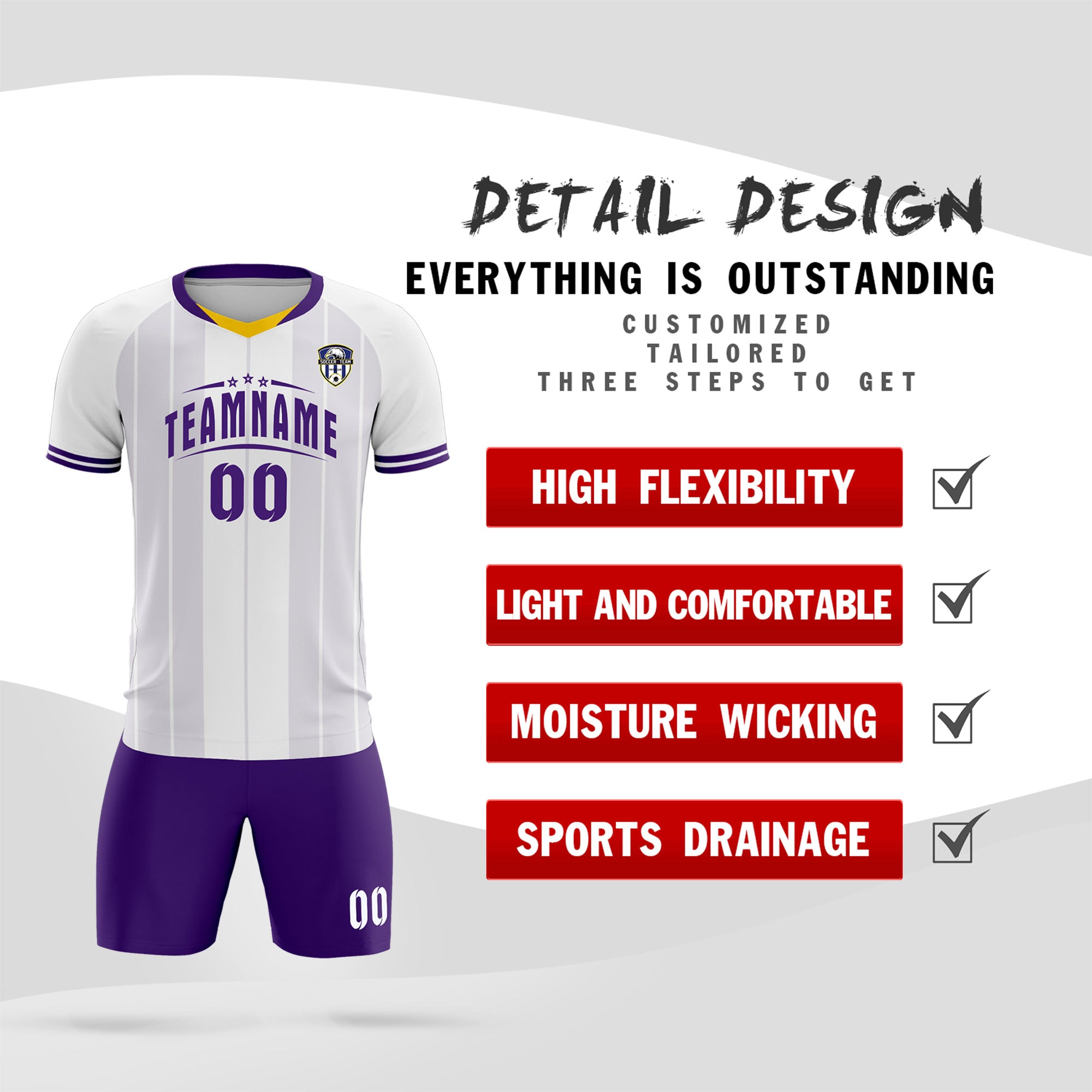 Custom White Classic Striped Personalized Football Kit Jersey