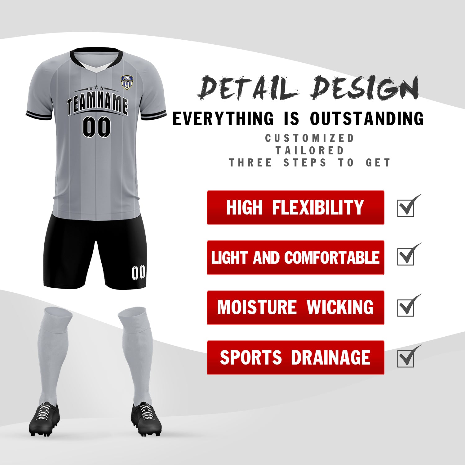 Custom Gray Classic Striped Personalized Football Kit Jersey