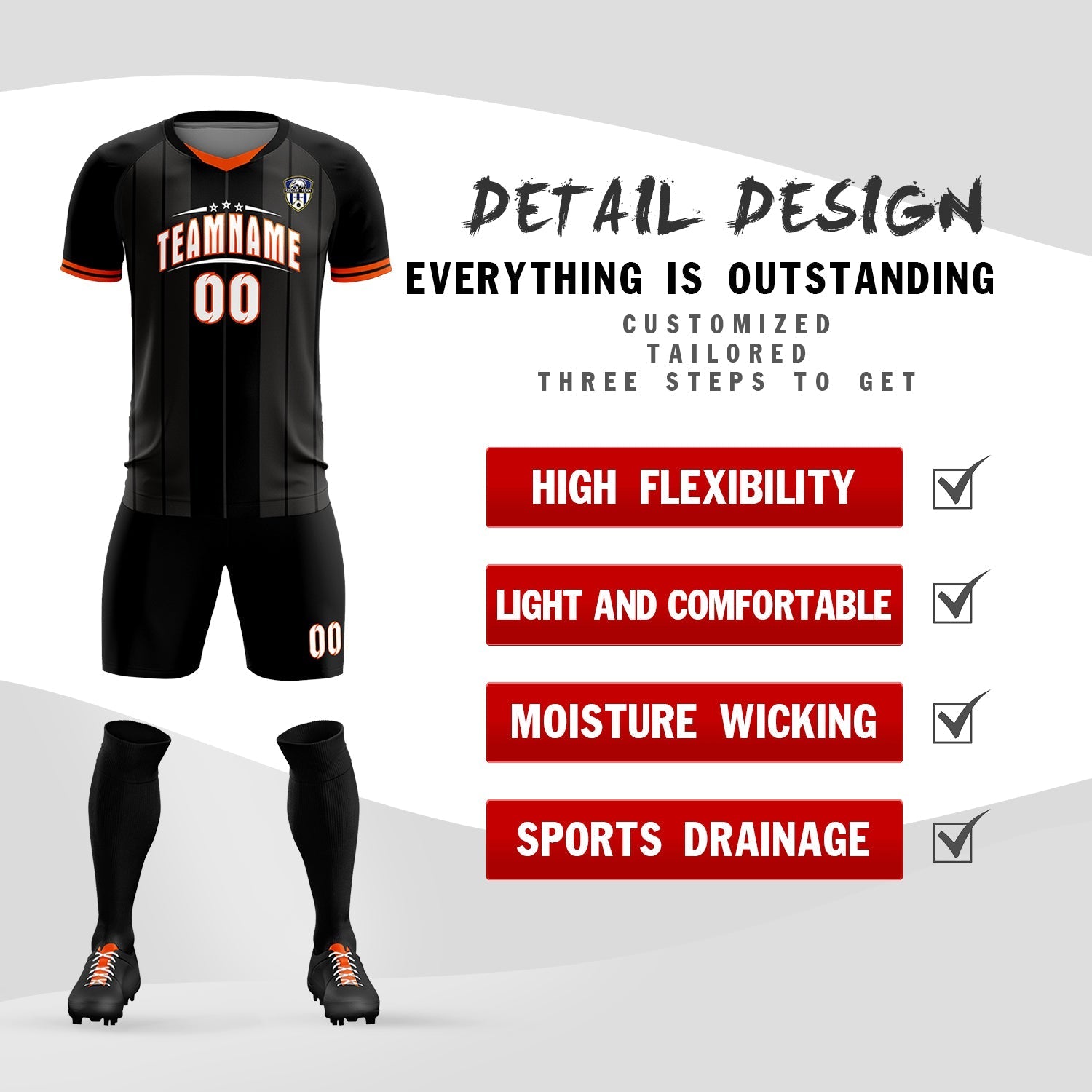 Custom Black Classic Striped Personalized Football Kit Jersey