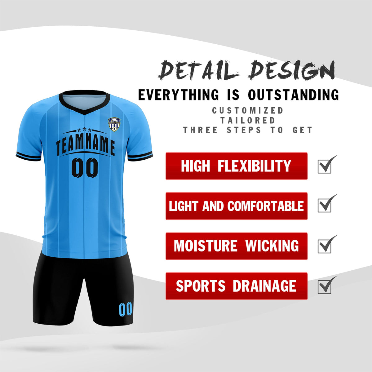 Custom Powder Blue Classic Striped Personalized Football Kit Jersey