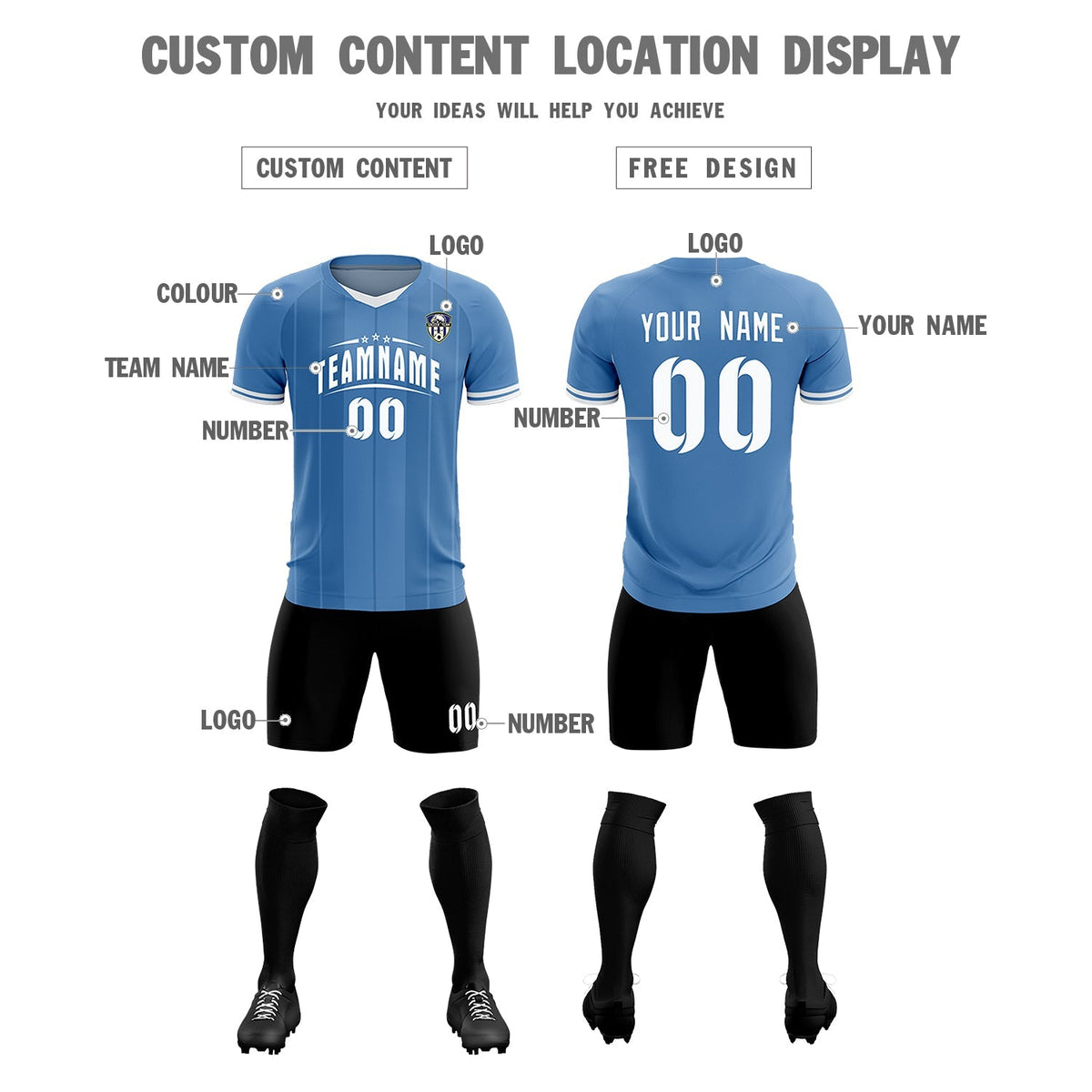 Custom Light Blue Classic Striped Personalized Football Kit Jersey