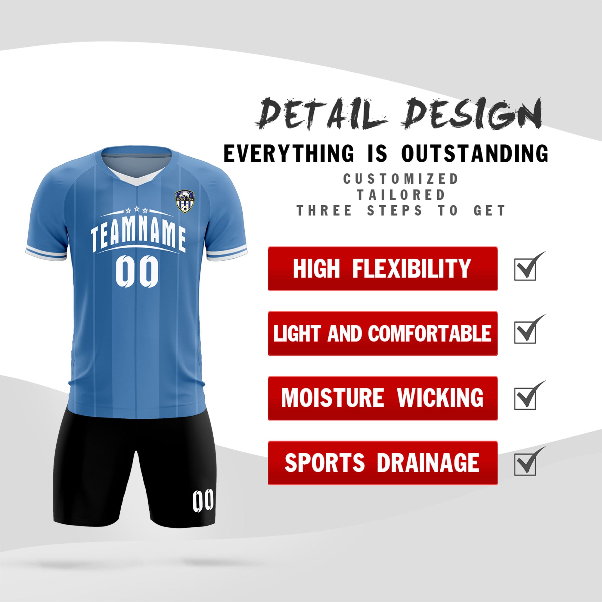 Custom Light Blue Classic Striped Personalized Football Kit Jersey