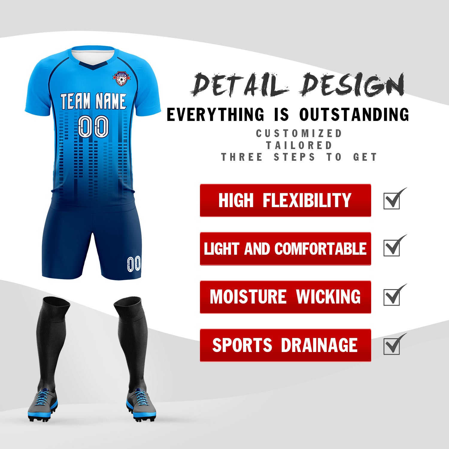 Custom Powder blue Navy Printing Outdoor Tracksuit Football Kits Jersey