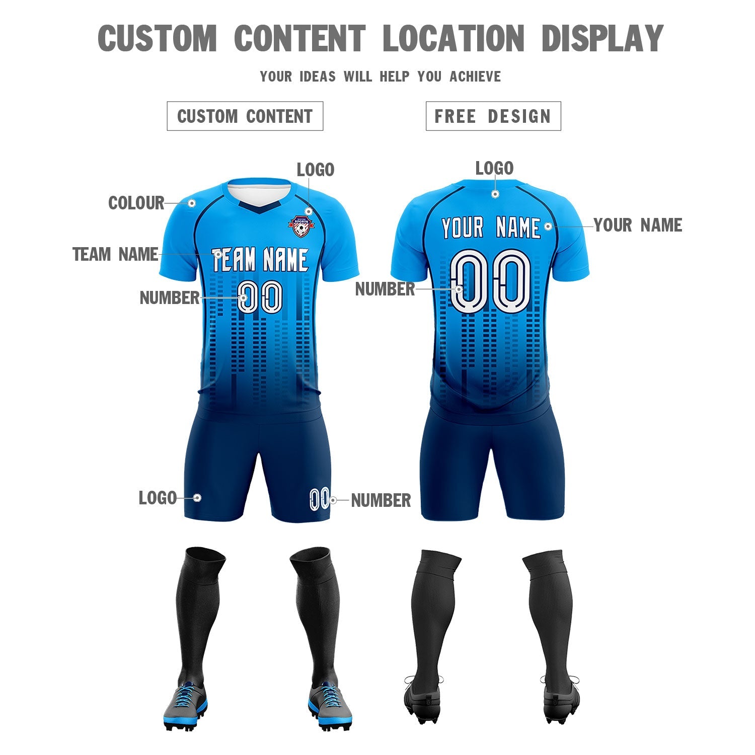Custom Powder blue Navy Printing Outdoor Tracksuit Football Kits Jersey