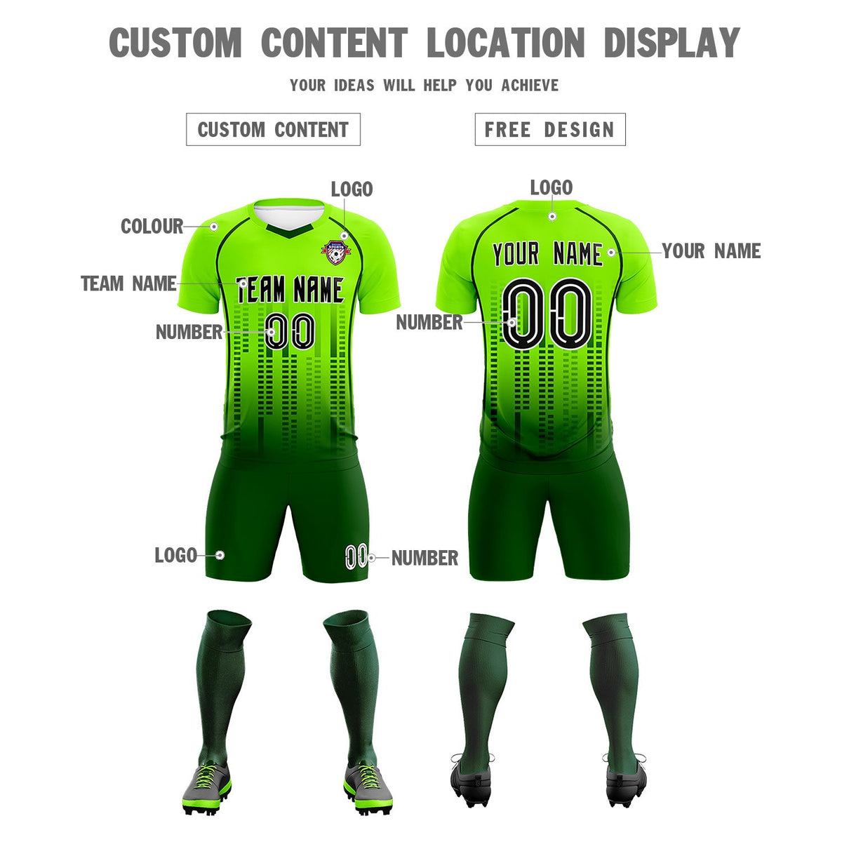 Benutzerdefinierte Neon Grün-Grün Druck Outdoor Trainingsanzug Fußball Kits Jersey