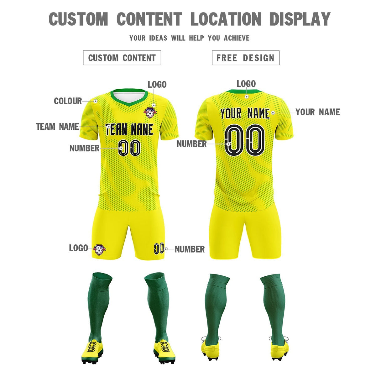 Custom Gold Kelly Green Training Uniform For Men Football Sets Jersey
