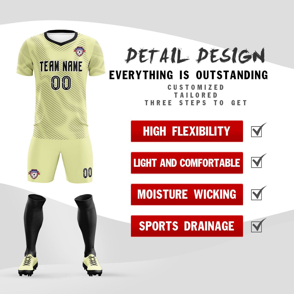 Custom Cream Black Training Uniform For Men Football Sets Jersey