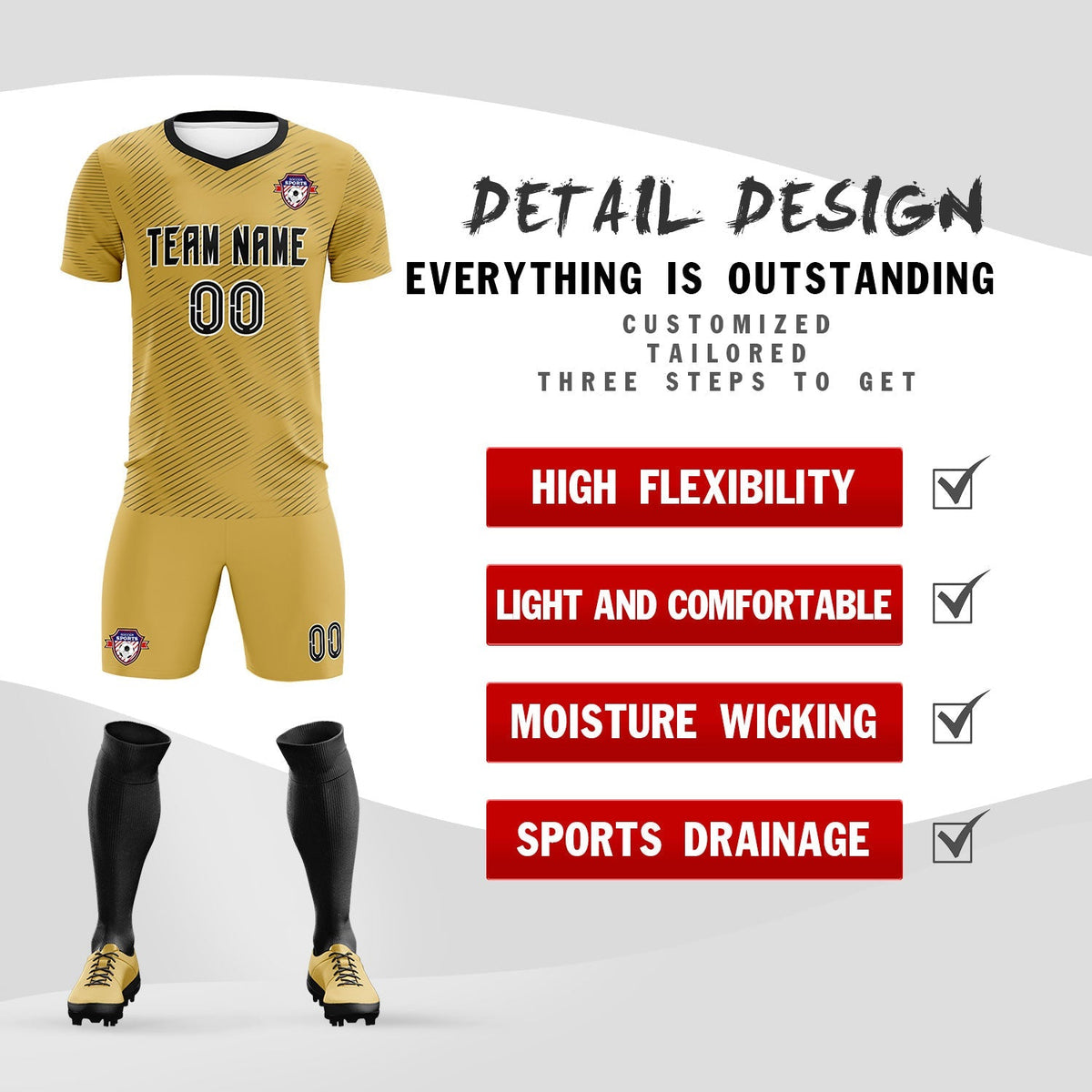 Custom Old Gold Black Training Uniform For Men Football Sets Jersey