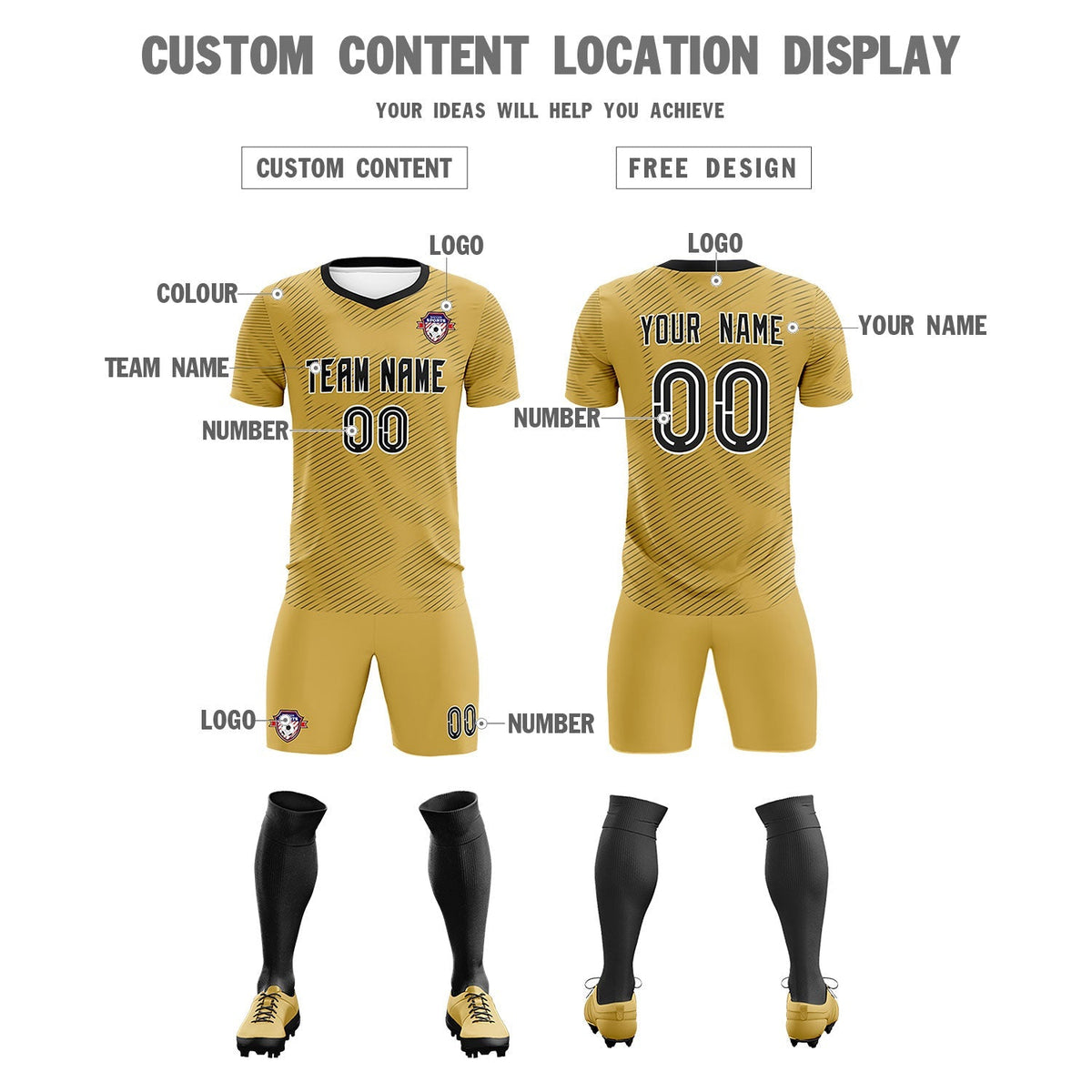 Custom Old Gold Black Training Uniform For Men Football Sets Jersey
