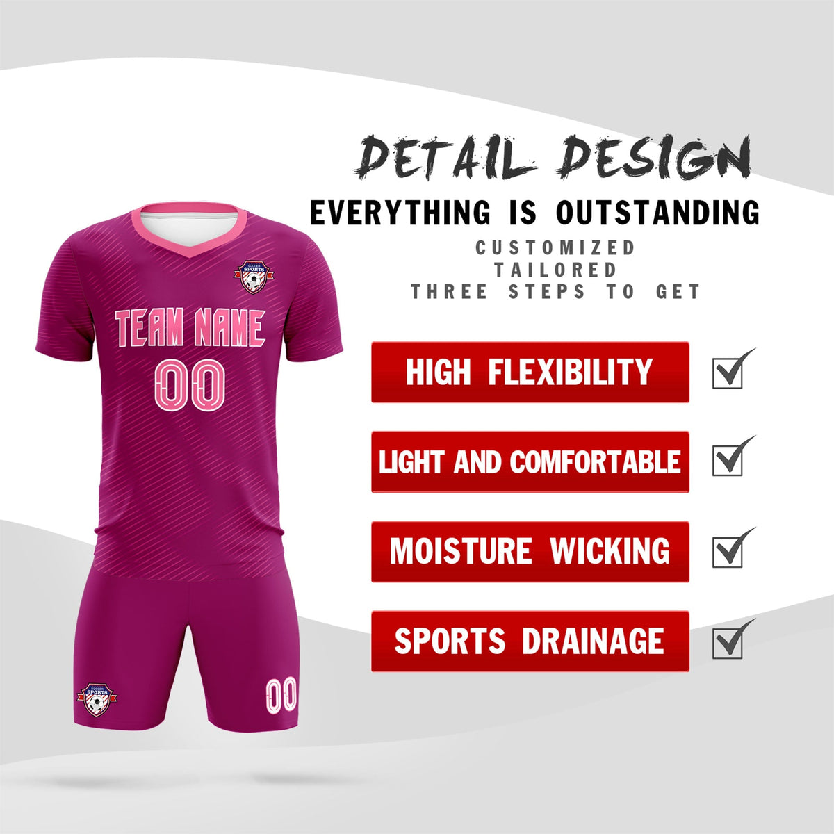 Custom Rose Red Pink Training Uniform For Men Football Sets Jersey