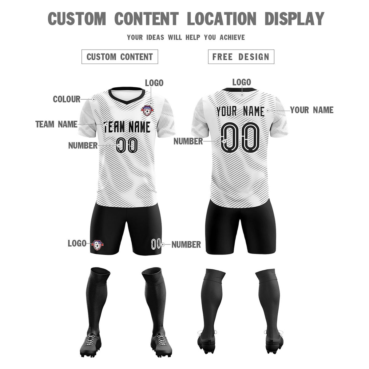 Custom White Black Training Uniform For Men Football Sets Jersey