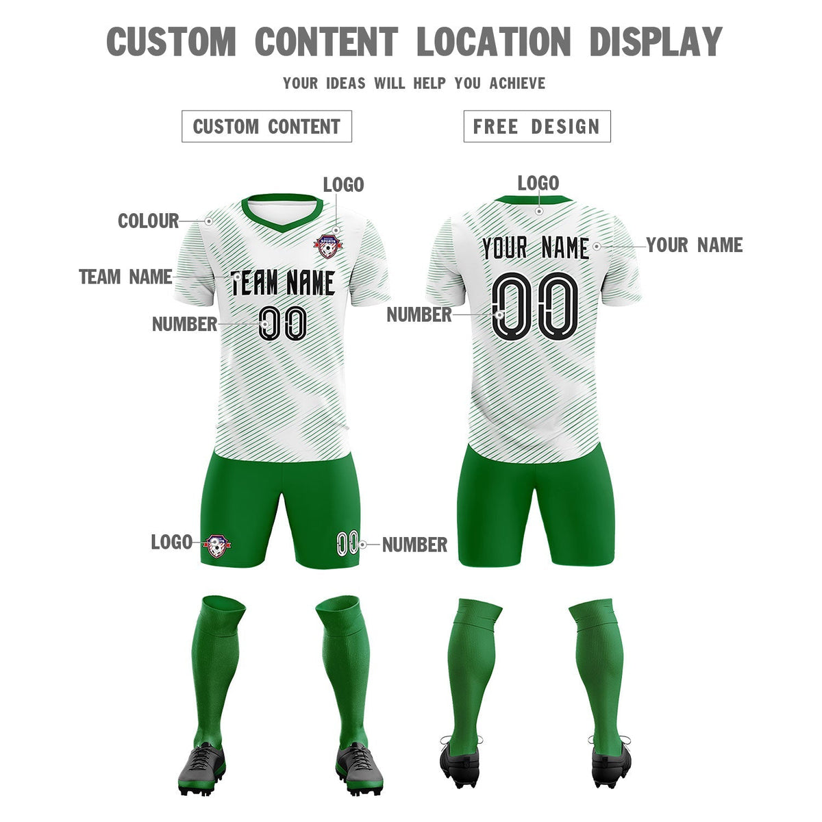 Custom White Kelly Green Training Uniform For Men Football Sets Jersey