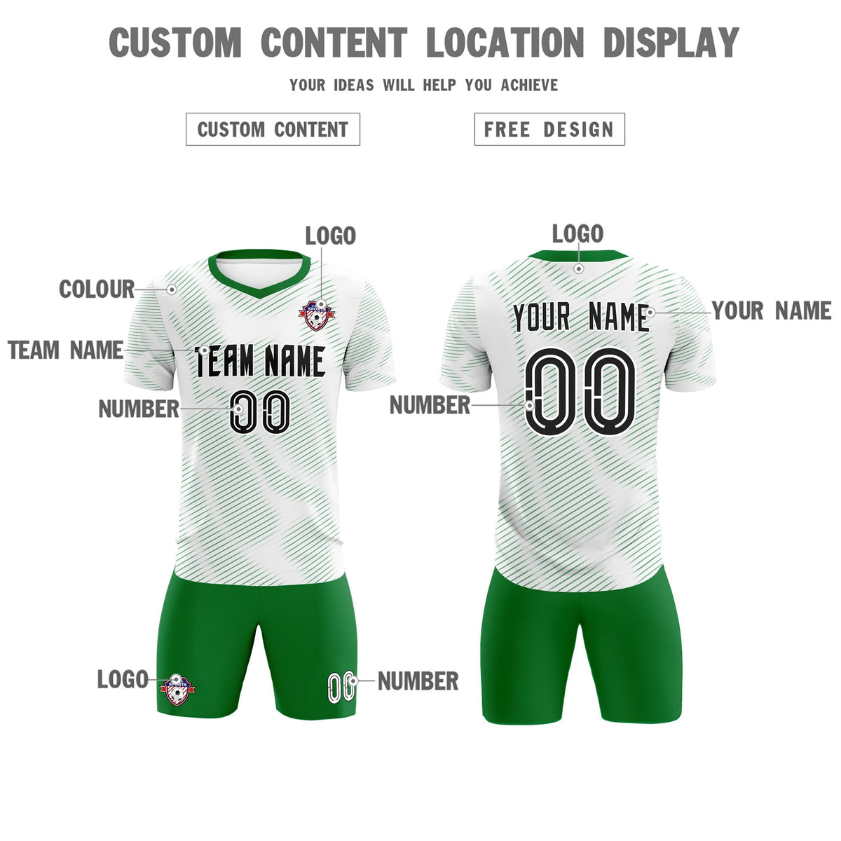 Custom White Kelly Green Training Uniform For Men Football Sets Jersey