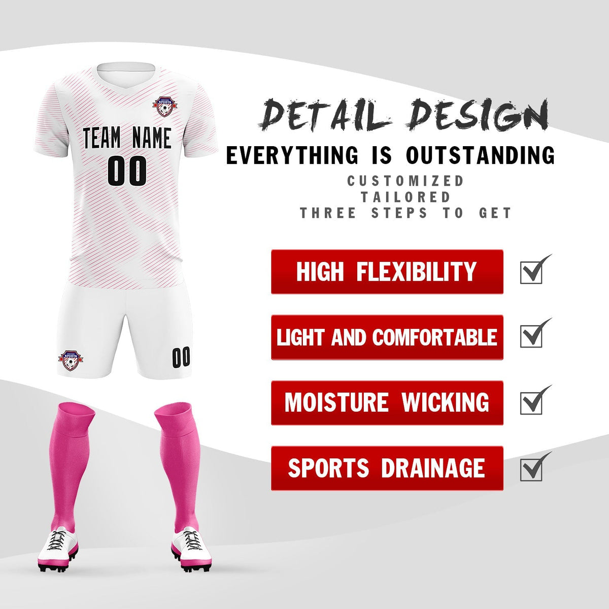 Custom White Pink Training Uniform For Men Football Sets Jersey